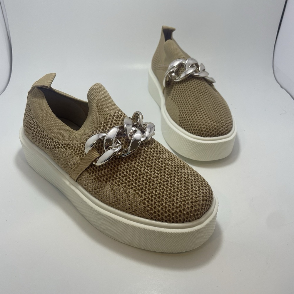 Brown Stretch Mesh Sneakers Metal Chain Accent Women Size 7 Platform Slip On
